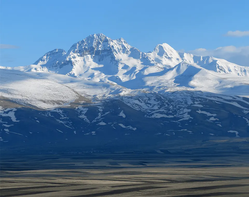 The snowy summits of Mount Aragats above the plain